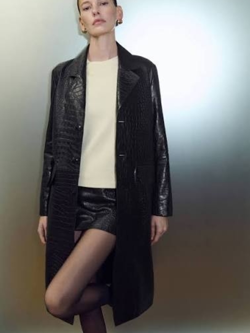 Andrew Marc Black Faux-Croc Long Leather Coat